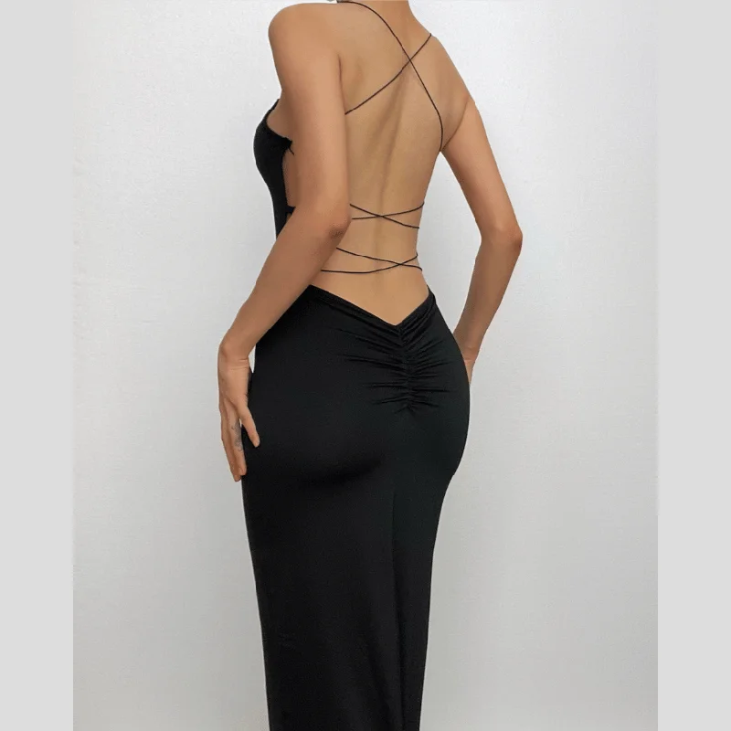 BerryBetty - Cross back lace up square neck backless self tie slit maxi dress