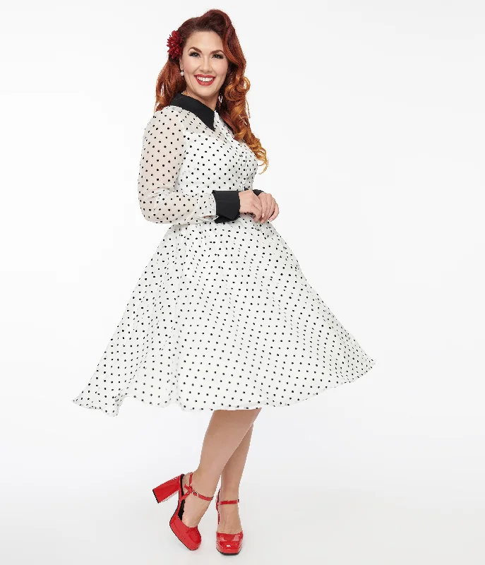 Unique Vintage 1950s Ivory & Black Polka Dot Tulle Swing Dress