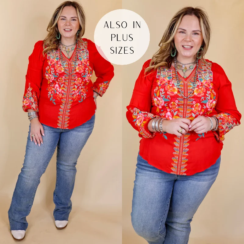 Brunch With Me Long Sleeve Embroidered Top with V Neckline in Red