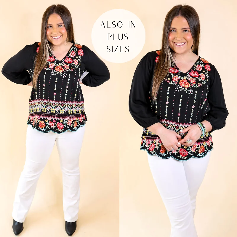 Early Bird Embroidered Front 3/4 Sleeve Top with V Neck in Black