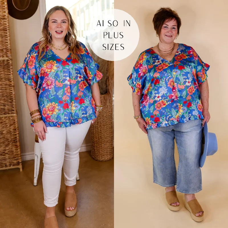 Blissful Mindset Floral V Neck Top with Short Ruffle Sleeves in Blue