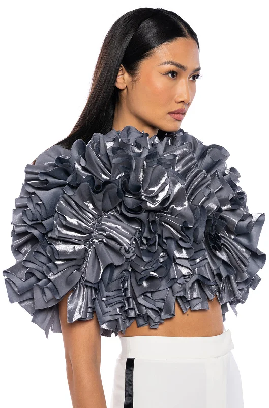 MUST BE DREAMING DENIM RUFFLE CROP BLOUSE