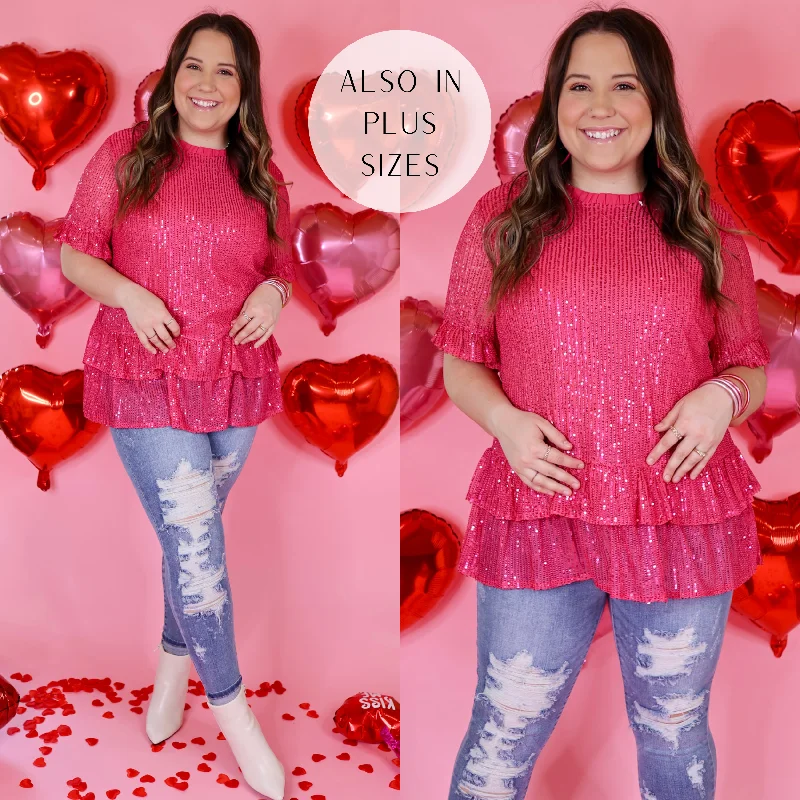 Catching Glances Sequin Short Sleeve Double Ruffle Peplum Top in Hot Pink