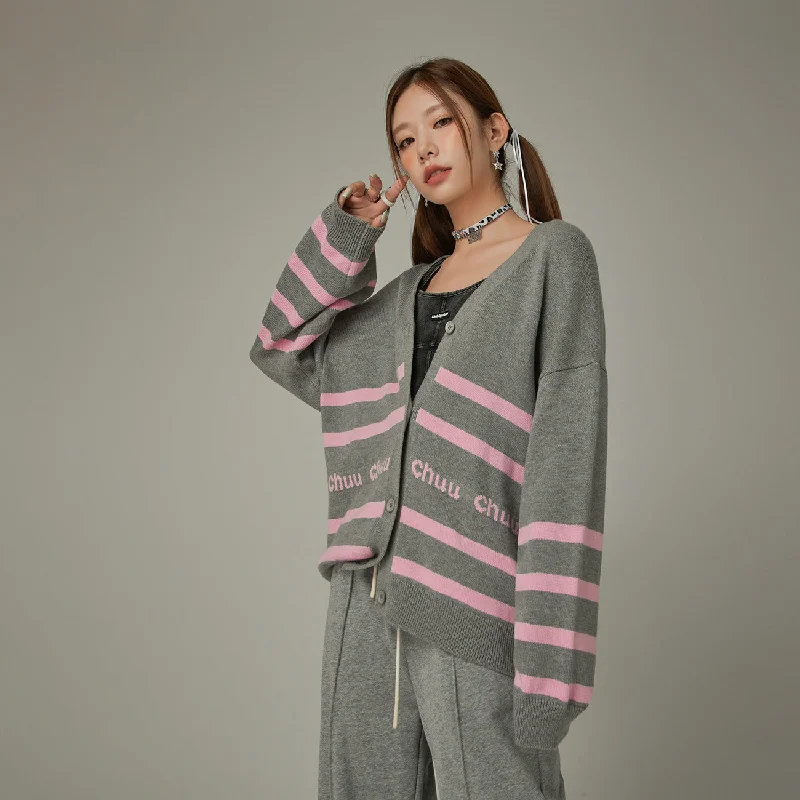 Lettering Striped Knit Cardigan