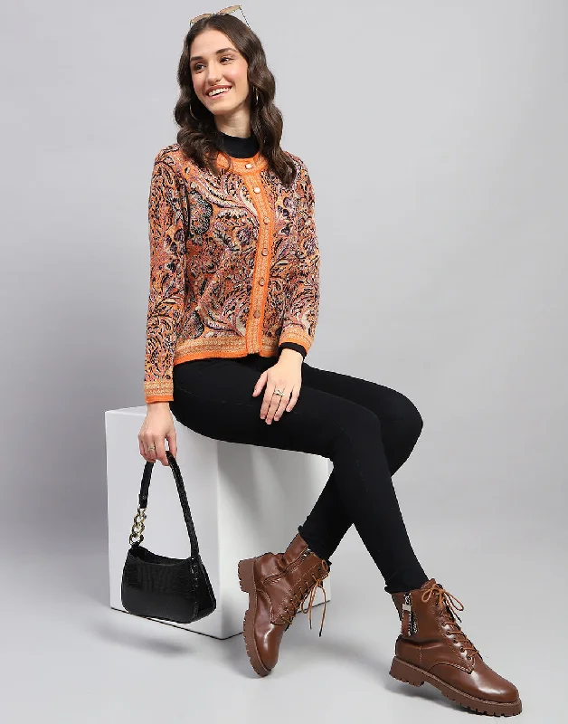 Women Orange Self Design Round Neck Full Sleeve Cardigan