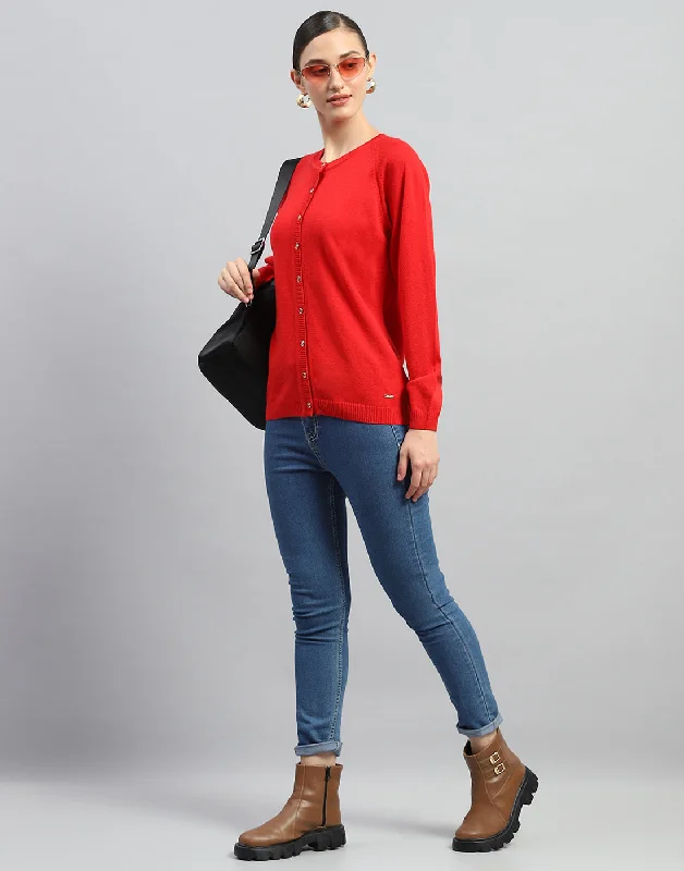 Women Red Solid Round Neck Full Sleeve Cardigan