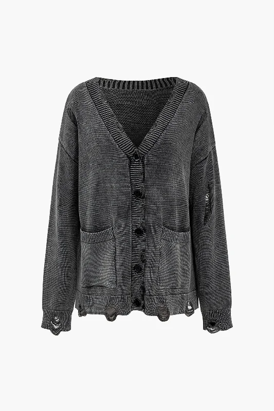 Solid Knit Button Frayed Cardigan